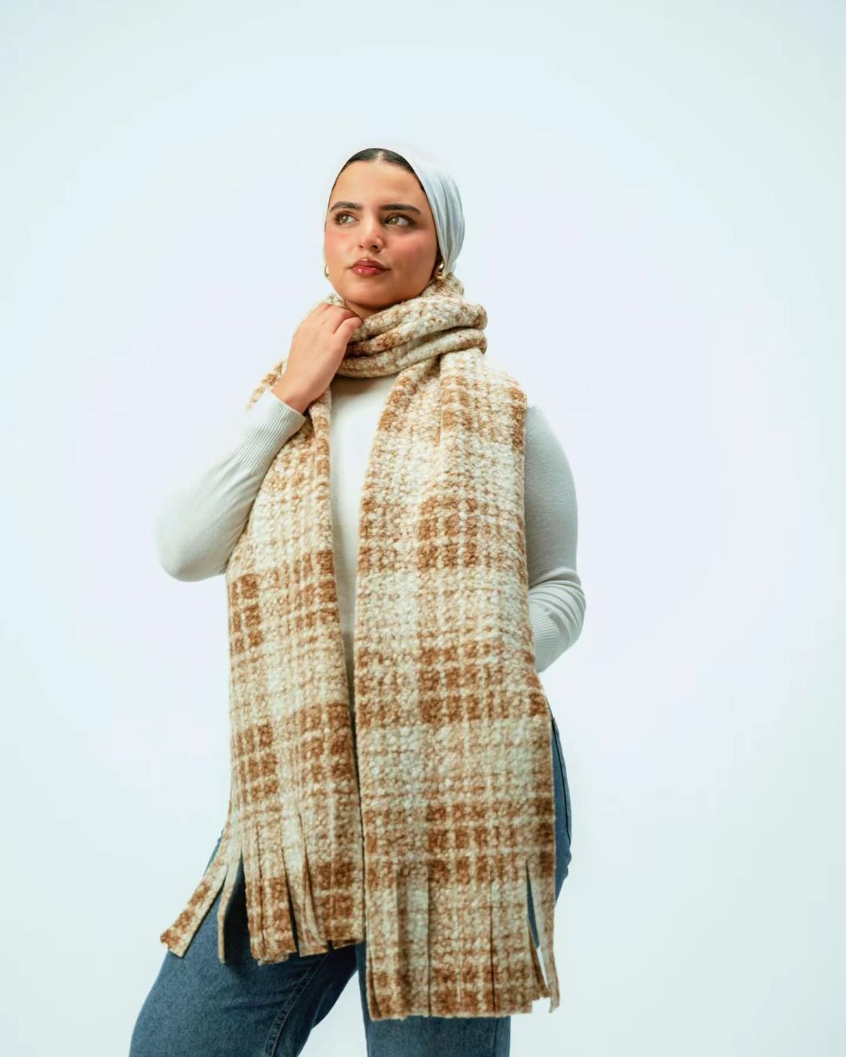 Chunky Plaid Blanket Scarf - Beige Plaid