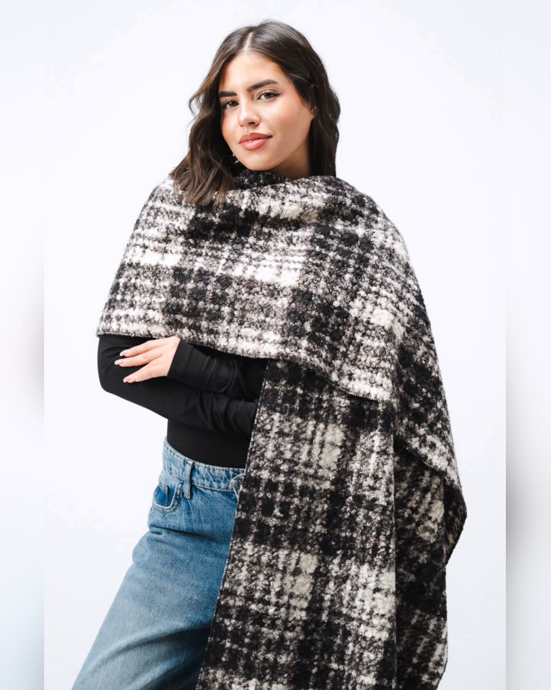 Chunky Plaid Blanket Scarf - Black Plaid