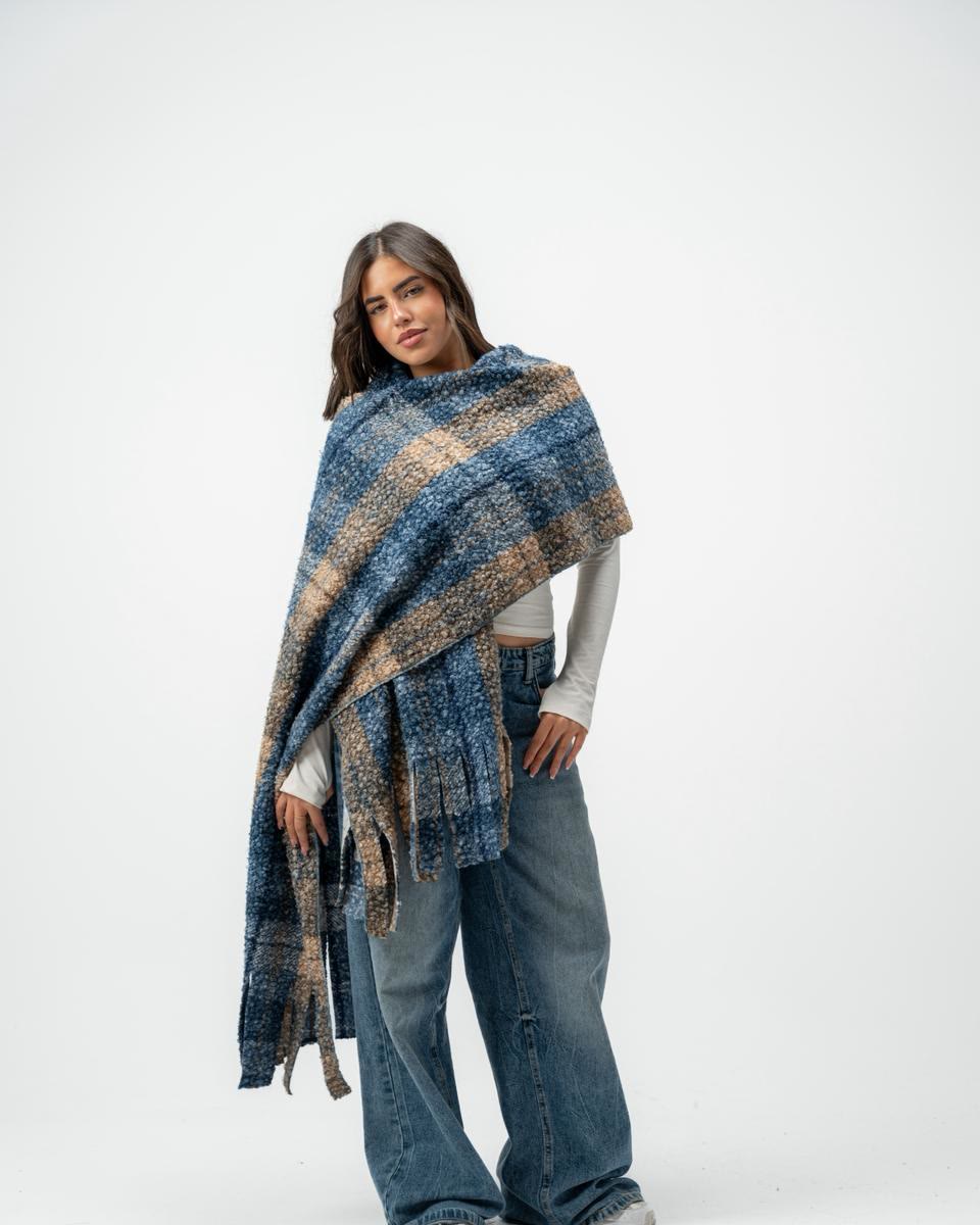 Chunky Plaid Blanket Scarf - Blue Plaid draped