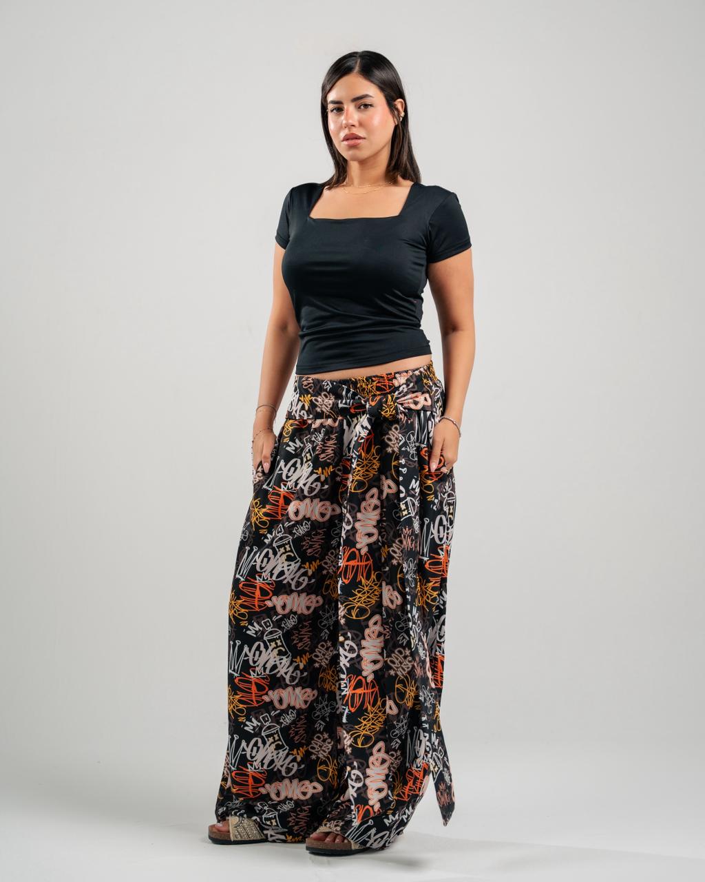 Graffiti Print Wide-Leg Pants in Black - print detail