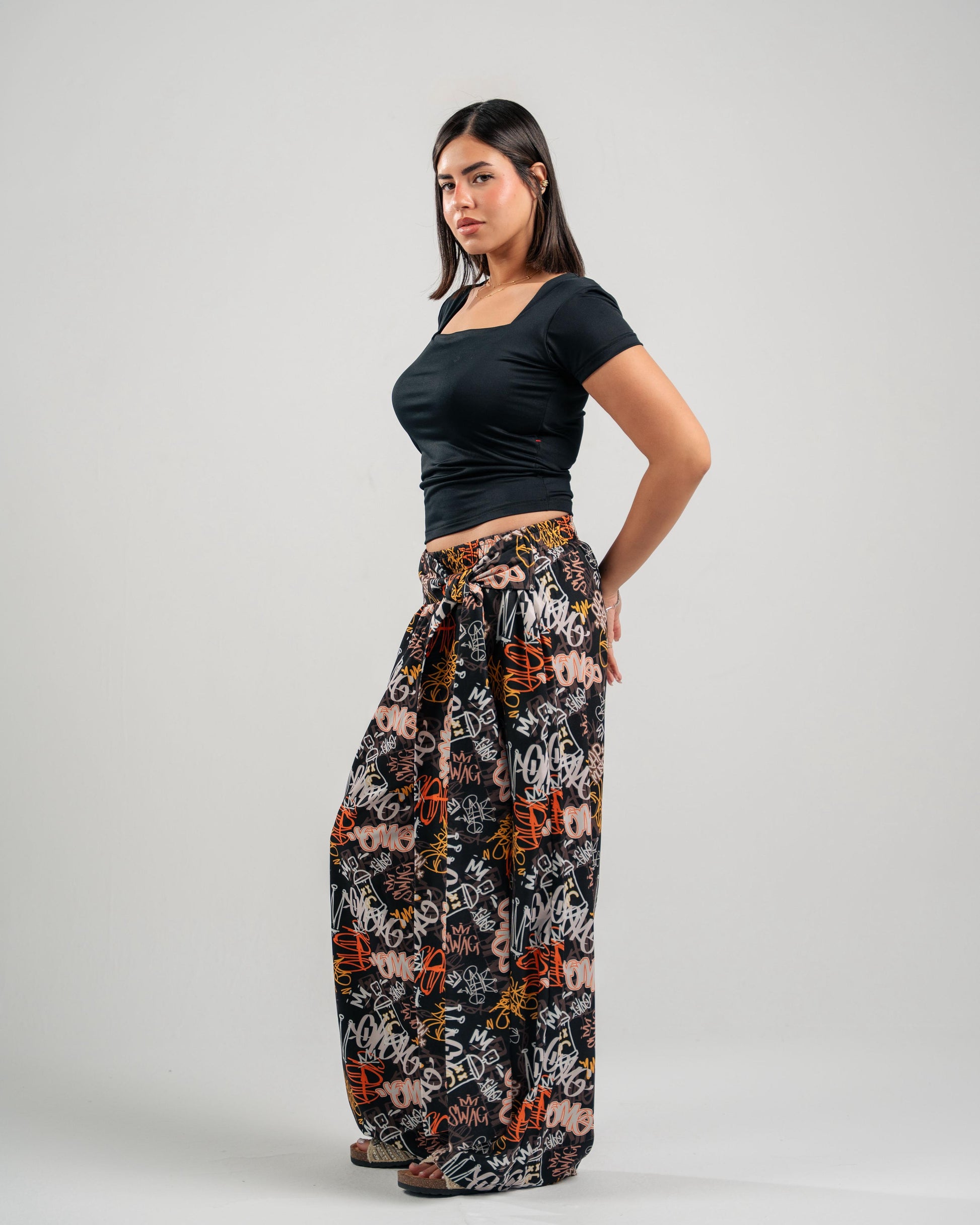 Graffiti Print Wide-Leg Pants in Black - side view