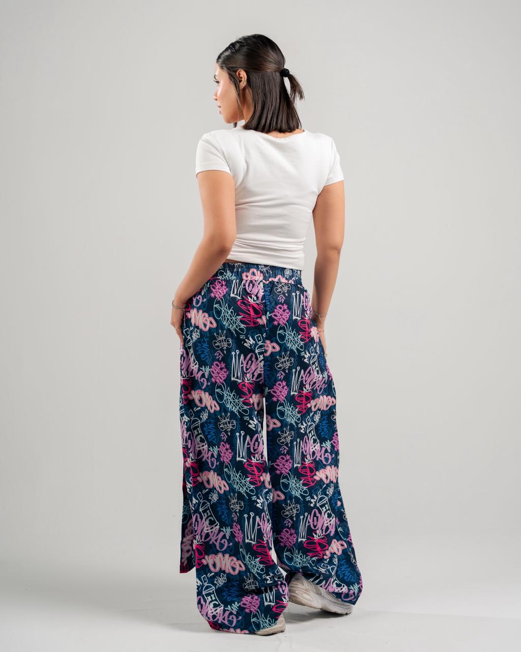Graffiti Print Wide-Leg Pants in Navy - back view