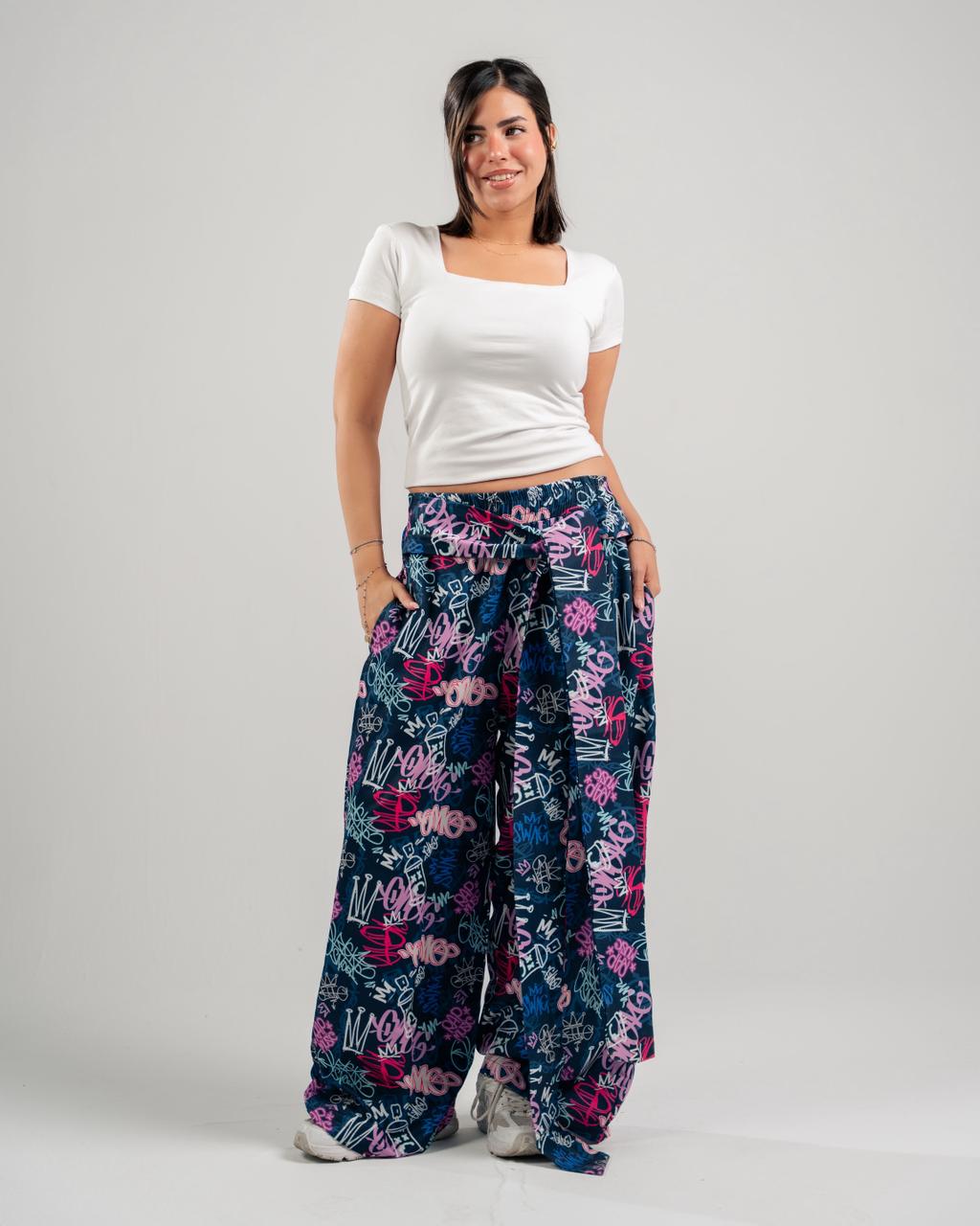 Graffiti Print Wide-Leg Pants in Navy - front