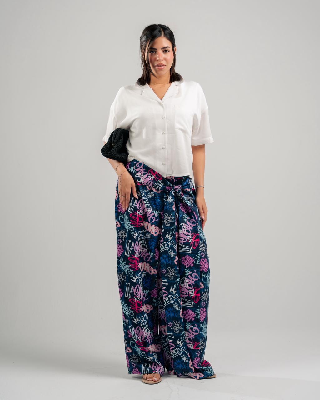 Graffiti Print Wide-Leg Pants in Navy - front