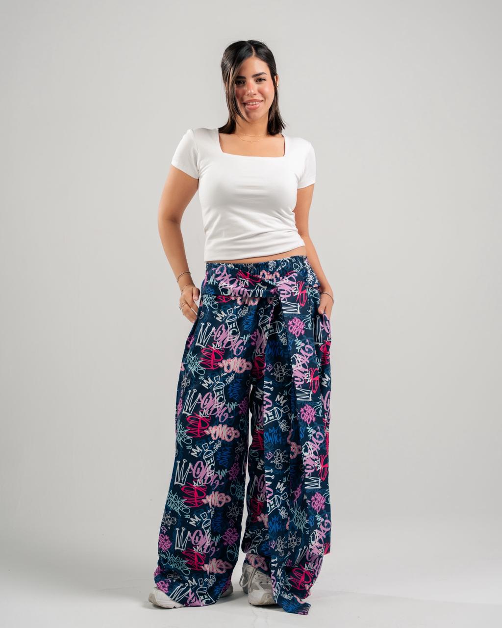 Graffiti Print Wide-Leg Pants in Navy - front view