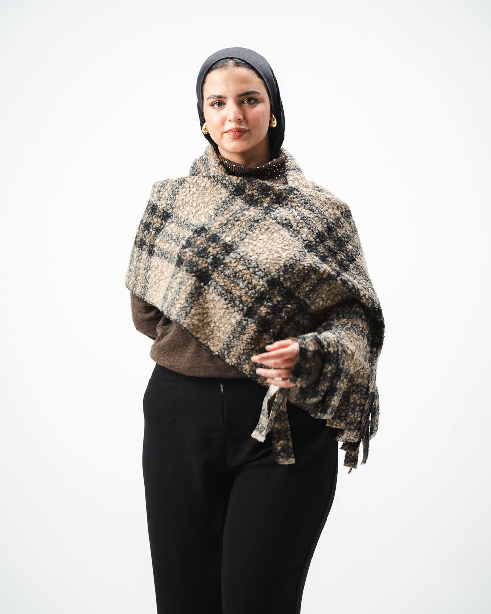 Plaid Bouclé Scarf - Beige Plaid worn