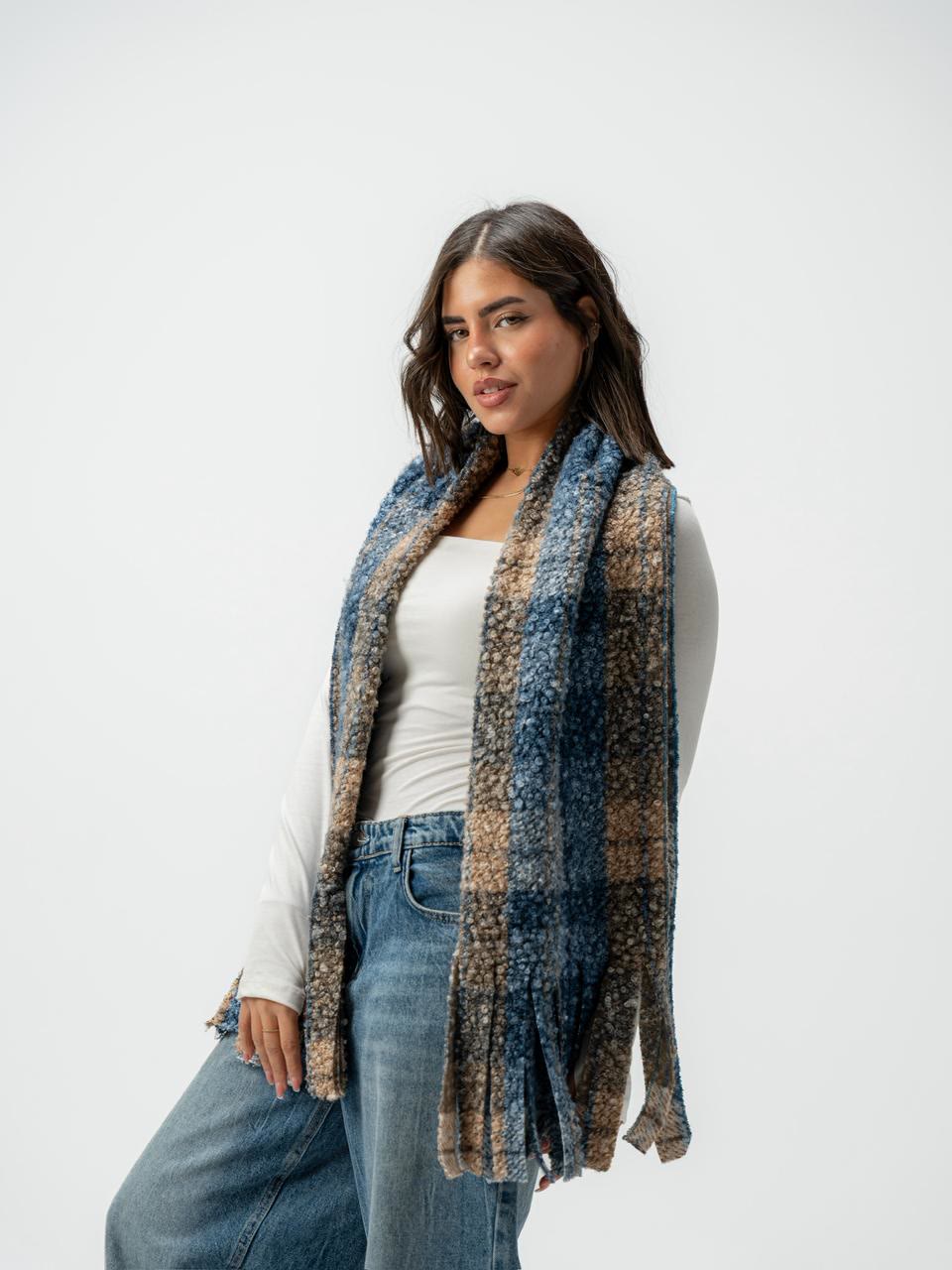 Plaid Bouclé Scarf - Blue Plaid worn